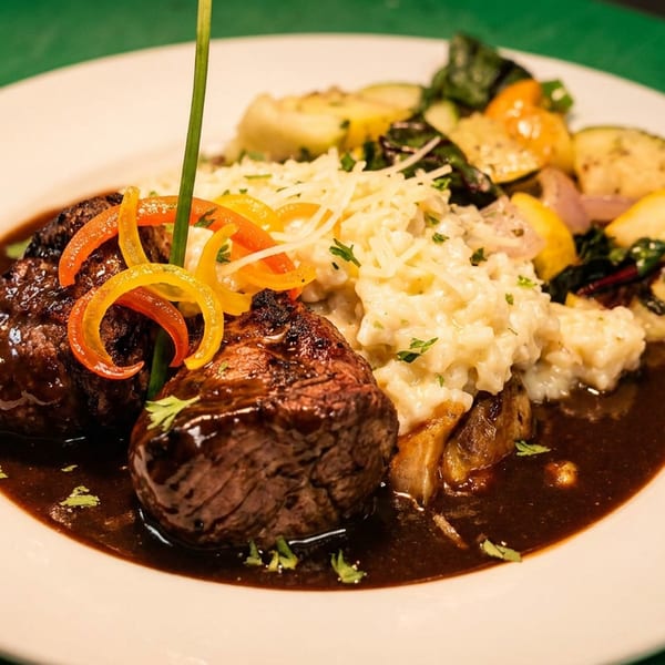 Two cuts of steak with gravy, risotto, and roasted vegetables on a white plate.