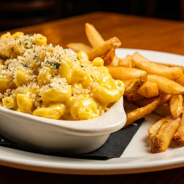 Creamy mac and cheese topped with breadcrumbs and herbs, served with a side of golden french fries.